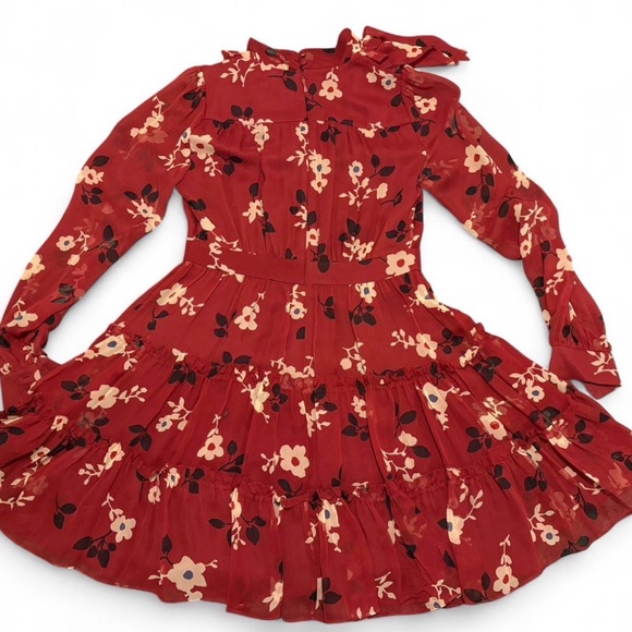 Kate Spade Red Floral Tiered silk Dress Bow Neck Romantic Size 2 - Picture 5 of 8